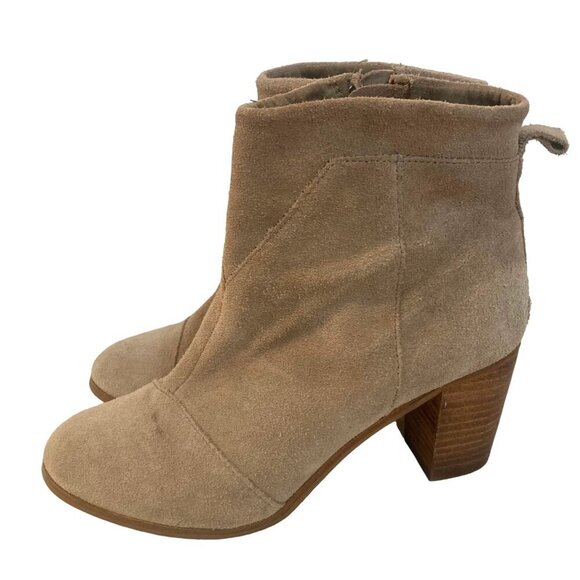 Toms Lunata Beige Suede Ankle Boots Womens 7.5 Stacked 3" Heel Side Zip - Picture 11 of 11